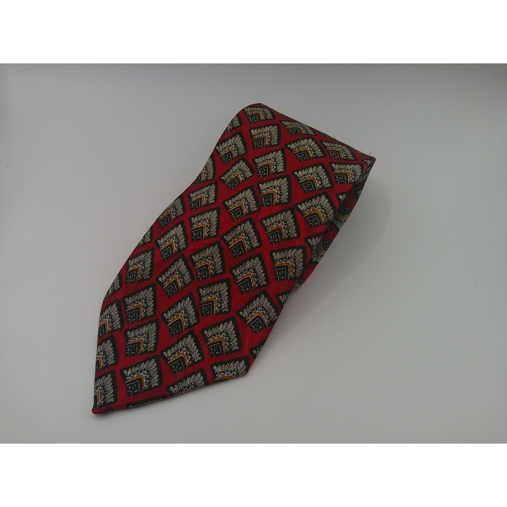 Galleria & Co Men's Silk Necktie Red Black Gold Geometric Fan Made in Silk Italy